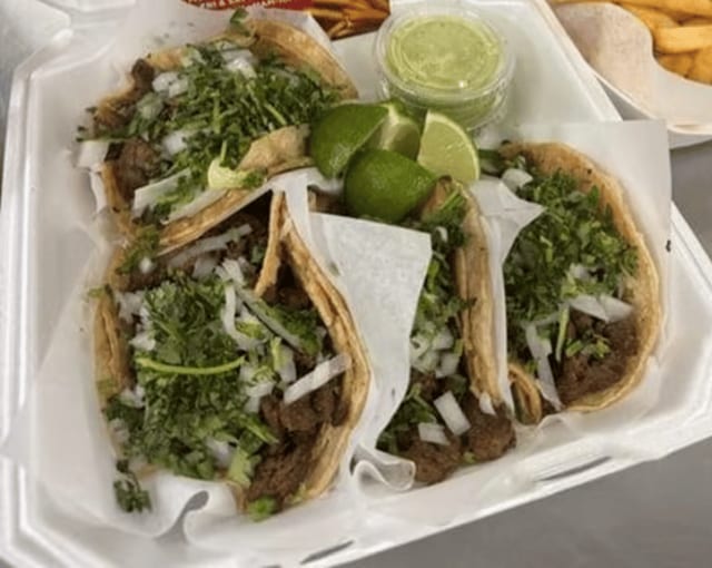 Beef or Chicken Tacos with Fries.